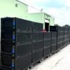 Meyer Sound LYON-M line array loudspeakers with cart and fly frame