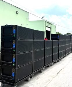 Meyer Sound LYON-M line array loudspeakers with cart and fly frame