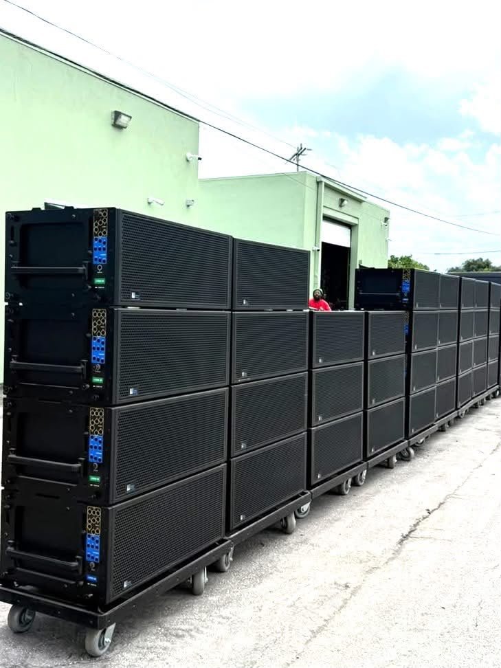 Meyer Sound LYON-M line array loudspeakers with cart and fly frame